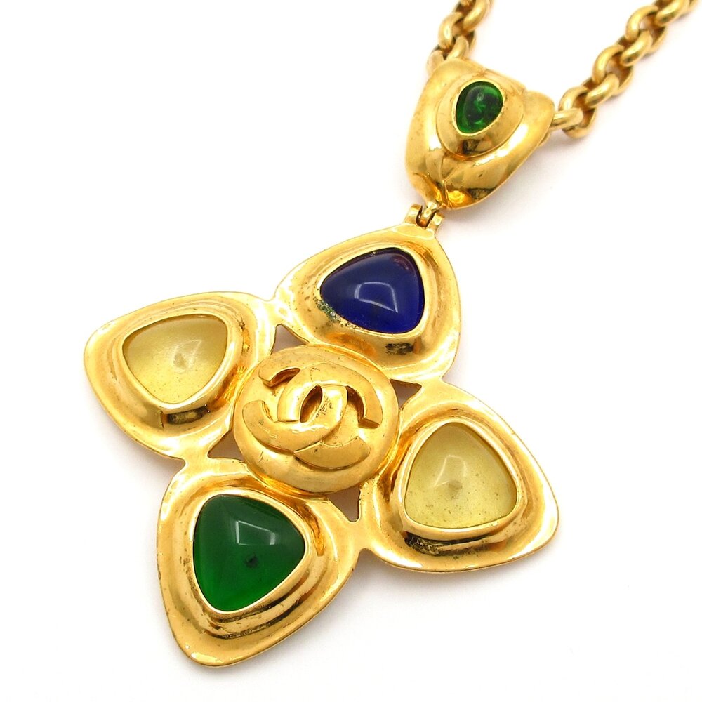 Chanel Necklace Gold Green Multi Hardware Glass